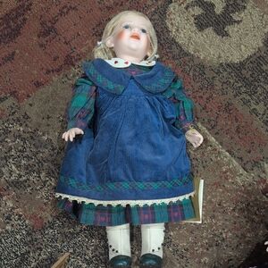 Blue Plaid Girls' Dress Porcelain Doll - Classic Collectible